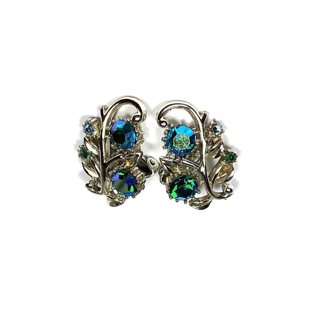 Coro Clip Ons Earrings AB Crystals Silver Tone Vintage Estate